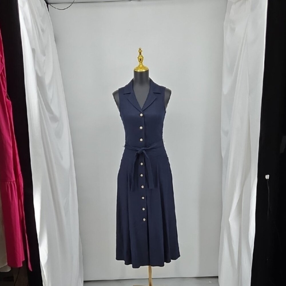 Elie Tahari Elegant Navy Blue Button-Down Dress